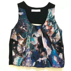 Hunter Bell Cosmic Print Top Shirt Womens Small Black Blue Sleeveless Open Back